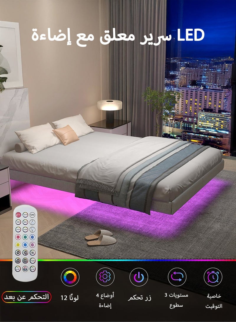 يانارا هيكل سرير معلق بإطار محيط مبطّن وإضاءة LED، منصة سرير معدنية (مقاسات: توين/كوين/كينغ) مع تخزين تحت السرير، مدعوم بدعامات فولاذية ثقيلة، لا حاجة لسرير نابضي، تصميم مقاوم للضوضاء، تركيب سهل، باللون الرمادي - Image 3